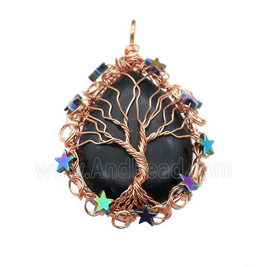 Natural Black Obsidian Teardrop Pendant With Tree Of Life Wire Wrapped Rose Gold