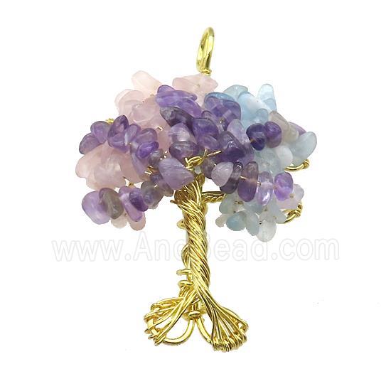 Natural Gemstone Chakra Pendant Tree Of Life Copper Wire Wrapped Gold Plated