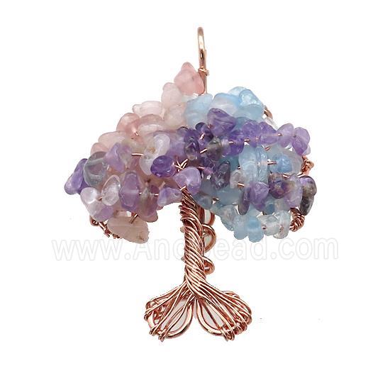 Natural Gemstone Chakra Pendant Tree Of Life Copper Wire Wrapped Rose Gold