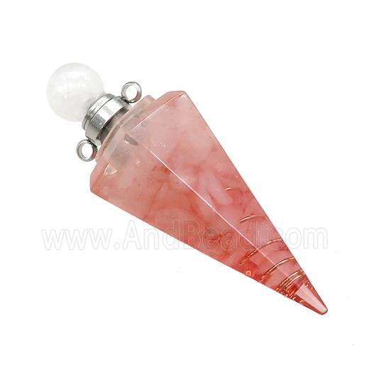 Pink Rose Quartz Chips Perfume Bottle Pendant Resin Cone Platinum Plated