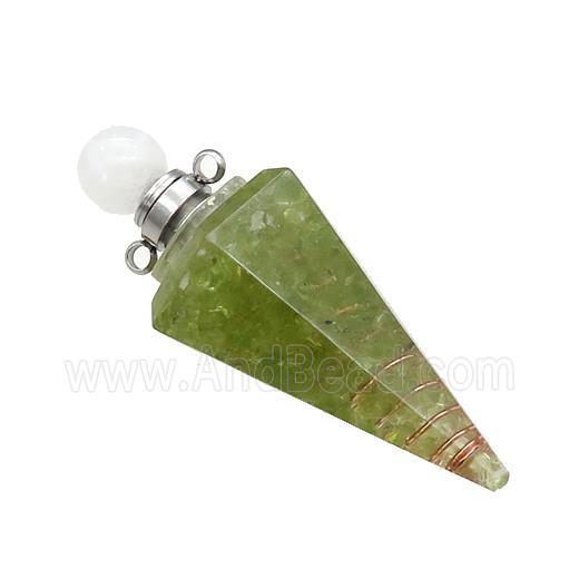 Green Peridot Chips Perfume Bottle Pendant Resin Cone Platinum Plated