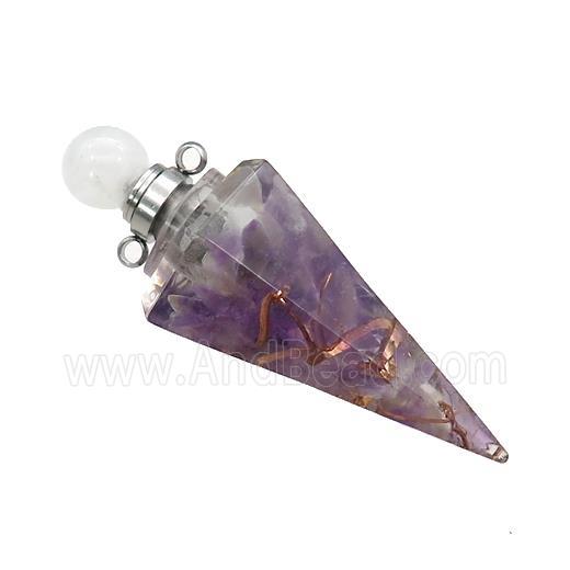 Natural Purple Amethyst Chips Perfume Bottle Pendant Resin Cone Platinum Plated