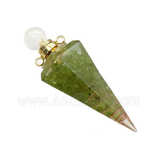 Green Peridot Chips Perfume Bottle Pendant Resin Cone Gold Plated
