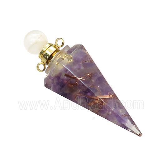 Natural Purple Amethyst Chips Perfume Bottle Pendant Resin Cone Gold Plated