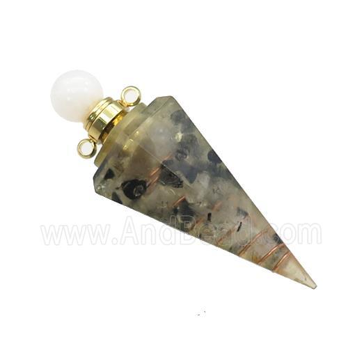 Black Rutilated Quartz Chips Perfume Bottle Pendant Resin Cone Gold Plated