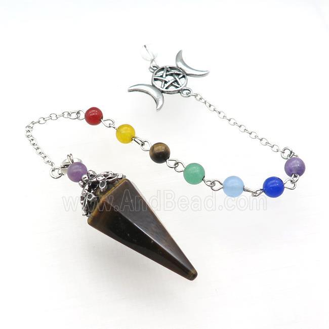 Natural Tiger Eye Stone Pendulum Pendant With Gemstone Chakra Chain Platinum Plated