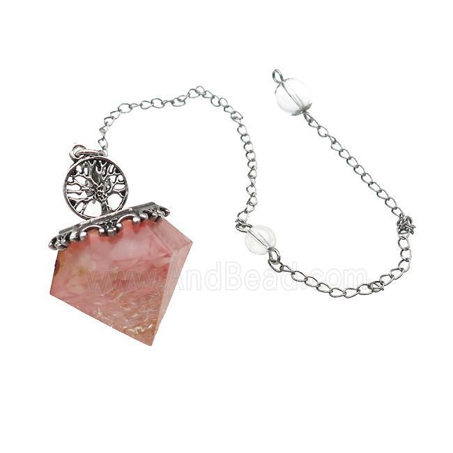 Rose Quartz Chips Dowsing Diamond Shape Pendulum Pendant Tree Of Life Copper Chain Platinum Plated