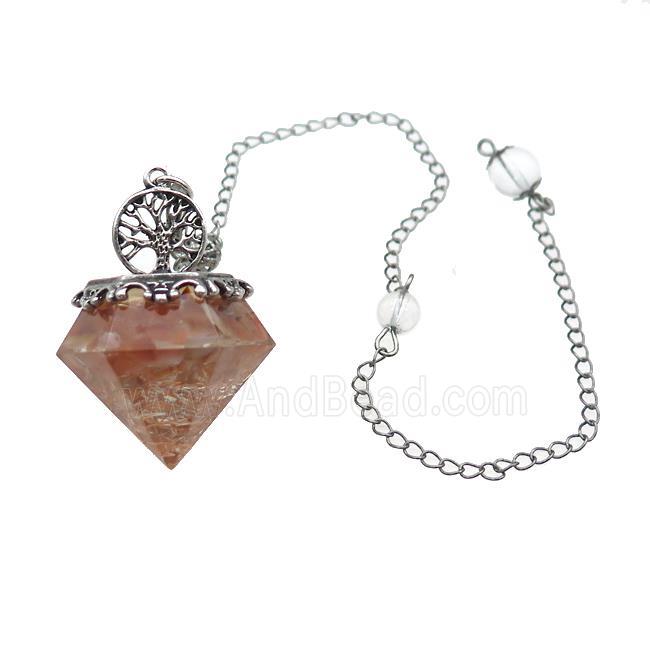 Red Carnelian Chips Dowsing Diamond Shape Pendulum Pendant Tree Of Life Copper Chain Platinum Plated