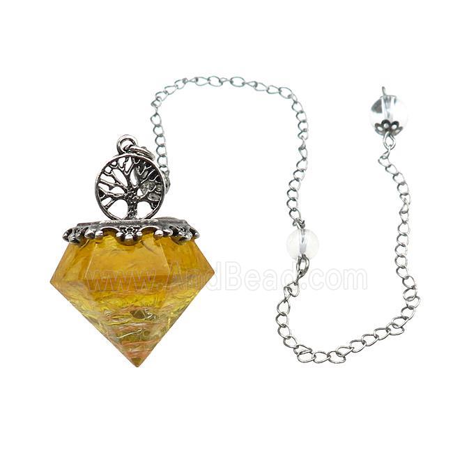 Yellow Citrine Chip Dowsing Diamond Shape Pendulum Pendant Tree Of Life Copper Chain Platinum Plated
