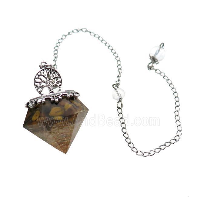 Tiger Eye Stone Chips Dowsing Diamond Shape Pendulum Pendant Tree Of Life Copper Chain Platinum Plat