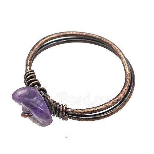 Copper Rings With Amethyst Wire Wrapped Antique Red