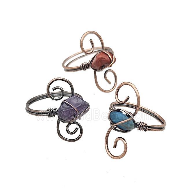 Copper Rings With Gemstone Wire Wrapped Antique Red Mixed