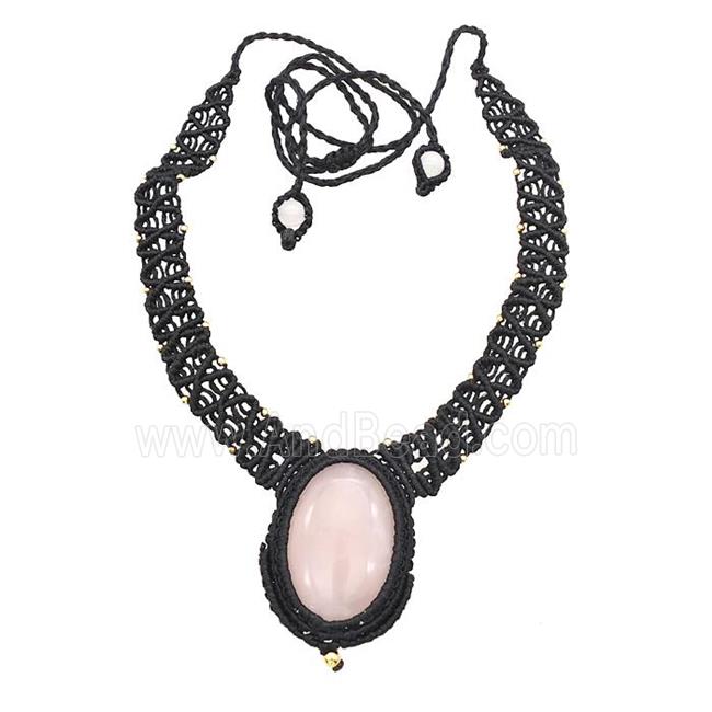 Natural Pink Rose Quartz Necklaces Adjustable Nylon Rope