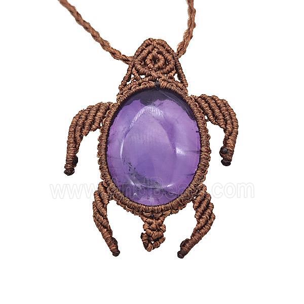 Natural Purple Amethyst Necklace Tortoise Waxed Fabric Rose Brown