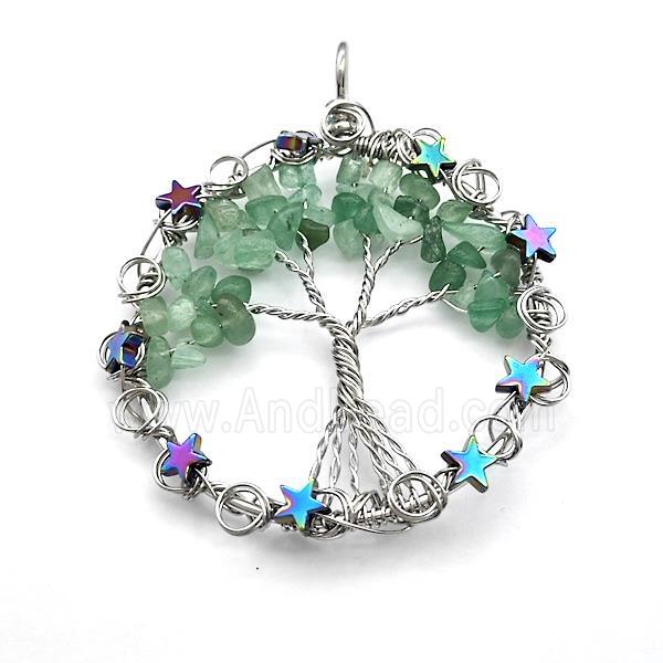 Green Aventurine Chips Pendant Tree Of Life Copper Wire Wrapped Platinum Plated