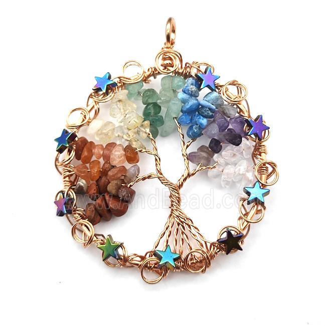 Mixed Gemstone Chips Pendant Chakra Tree Of Life Copper Wire Wrapped Rose Gold