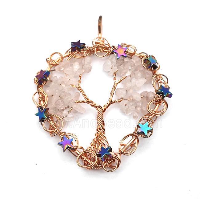 Pink Rose Quartz Chips Pendant Tree Of Life Copper Wire Wrapped Rose Gold