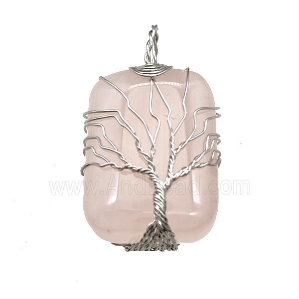 Pink Rose Quartz Rectangle Pendant Tree Of Life Copper Wire Wrapped Platinum