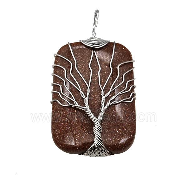 Gold Sandstone Rectangle Pendant Tree Of Life Copper Wire Wrapped Platinum
