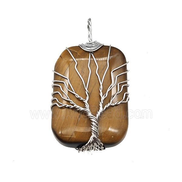 Tiger Eye Stone Rectangle Pendant Tree Of Life Copper Wire Wrapped Platinum