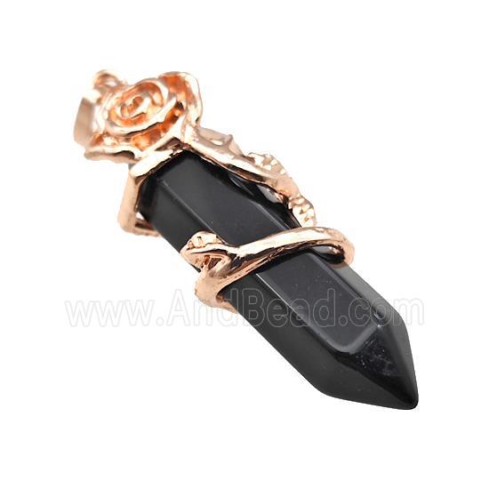Black Obsidian Prism Pendant Cone Alloy Flower Wrapped Rose Gold