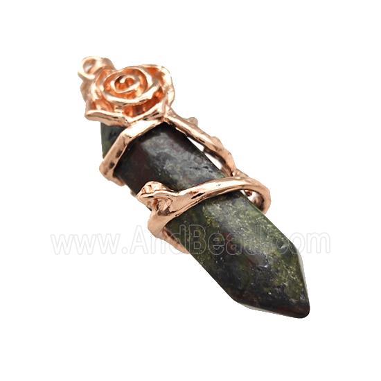 Green Bloodstone Prism Pendant Cone Alloy Flower Wrapped Rose Gold