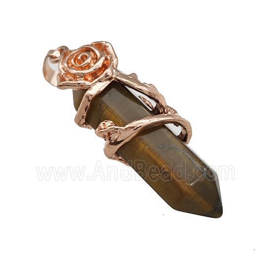 Natural Tiger Eye Stone Prism Pendant Cone Alloy Flower Wrapped Rose Gold