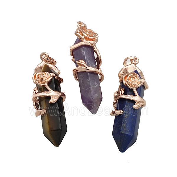 Natural Gemstone Prism Pendant Cone Alloy Flower Wrapped Rose Gold Mixed