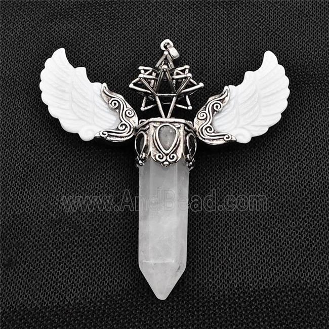 White Shell Angel Wings Pendant With Clear Quartz Prism Antique Silver