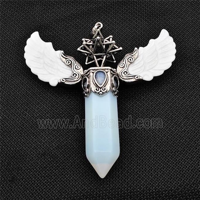 White Shell Angel Wings Pendant With White Opalite Prism Antique Silver