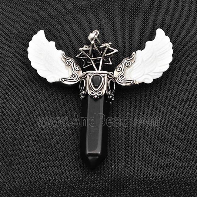 White Shell Angel Wings Pendant With Black Obsidian Prism Antique Silver