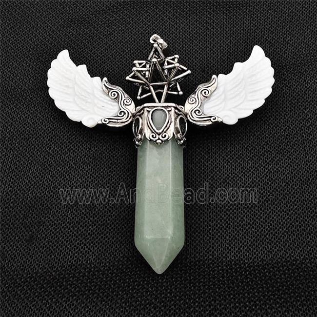 White Shell Angel Wings Pendant With Green Aventurine Prism Antique Silver