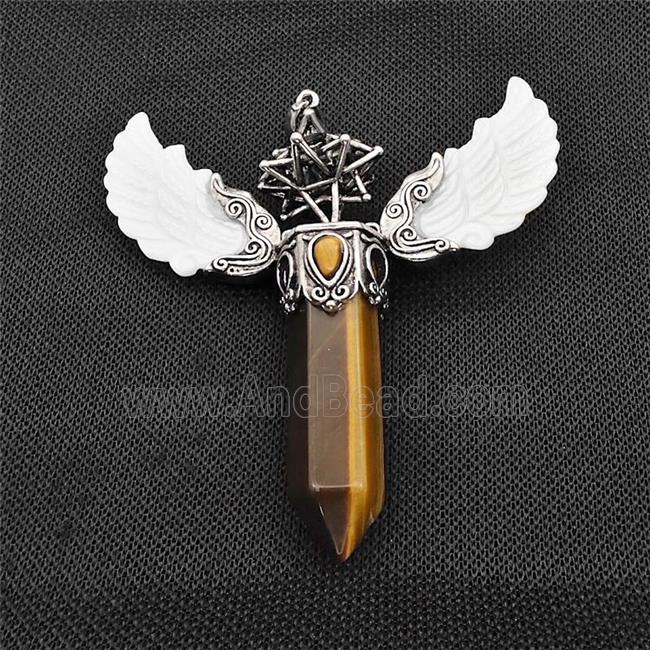 White Shell Angel Wings Pendant With Tiger Eye Stone Prism Antique Silver