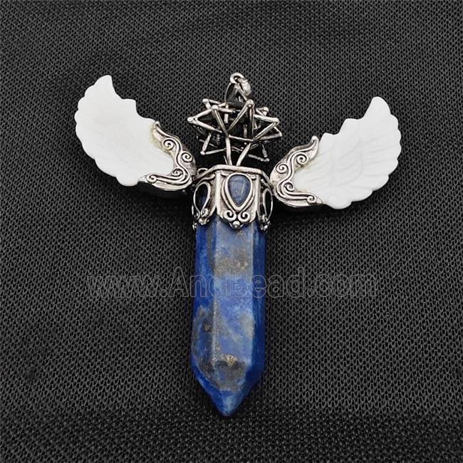 White Shell Angel Wings Pendant With Lapis Lazuli Prism Antique Silver
