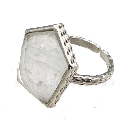 Clear Quartz Pentagon Rings Copper Shield Adjustable Platinum Plated