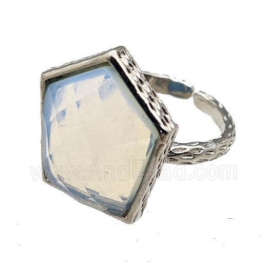White Opalite Pentagon Rings Copper Shield Adjustable Platinum Plated