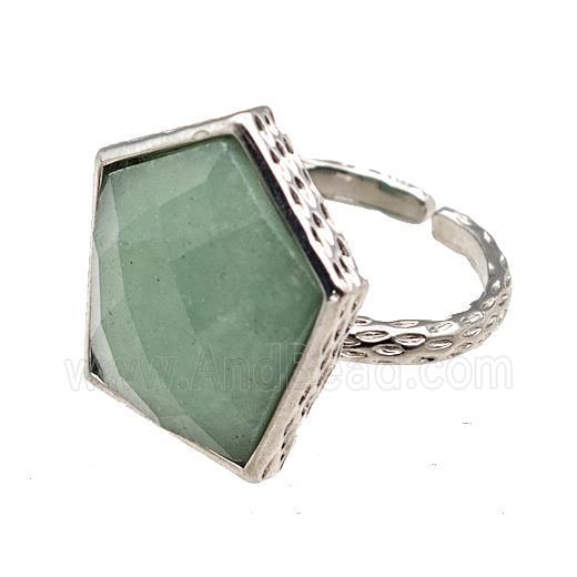 Green Aventurine Pentagon Rings Copper Shield Adjustable Platinum Plated