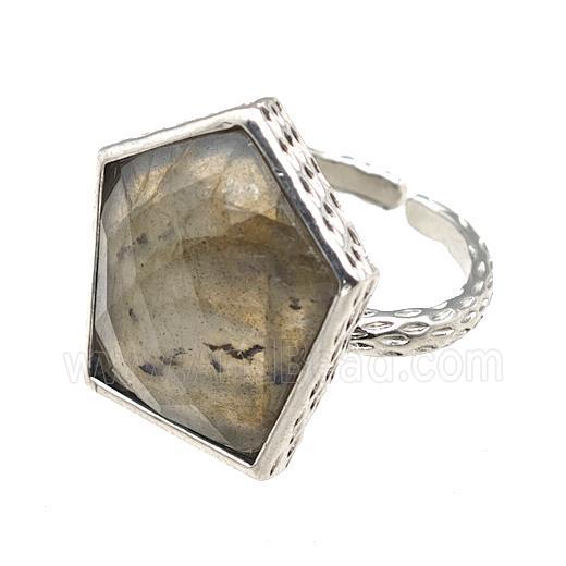 Labradorite Pentagon Rings Copper Shield Adjustable Platinum Plated