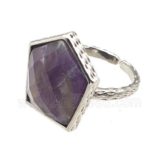 Purple Amethyst Pentagon Rings Copper Shield Adjustable Platinum Plated