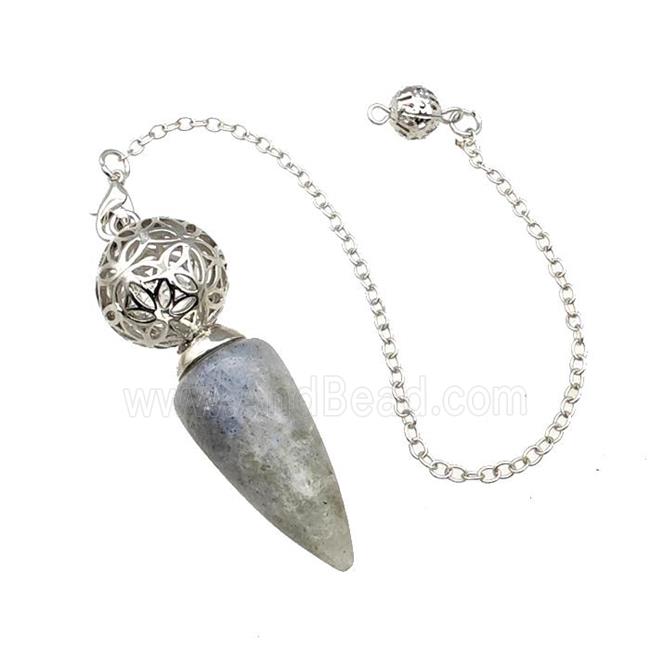 Natural Labradorite Dowsing Pendulum Pendant With Copper Hollow Ball Chain Platinum