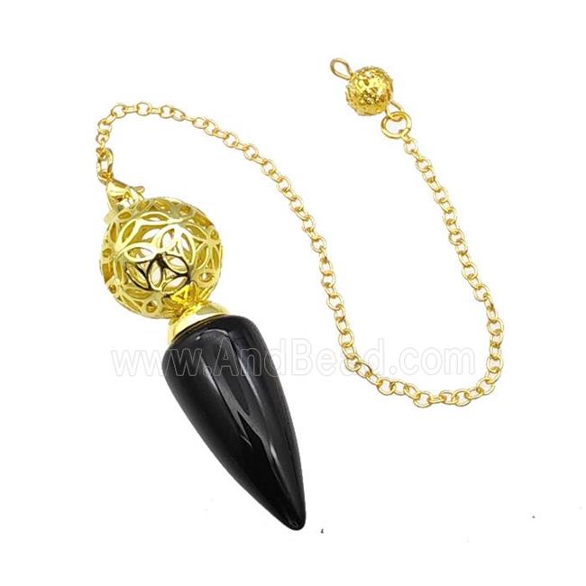 Natural Black Obsidian Dowsing Pendulum Pendant With Copper Hollow Ball Chain Gold Plated