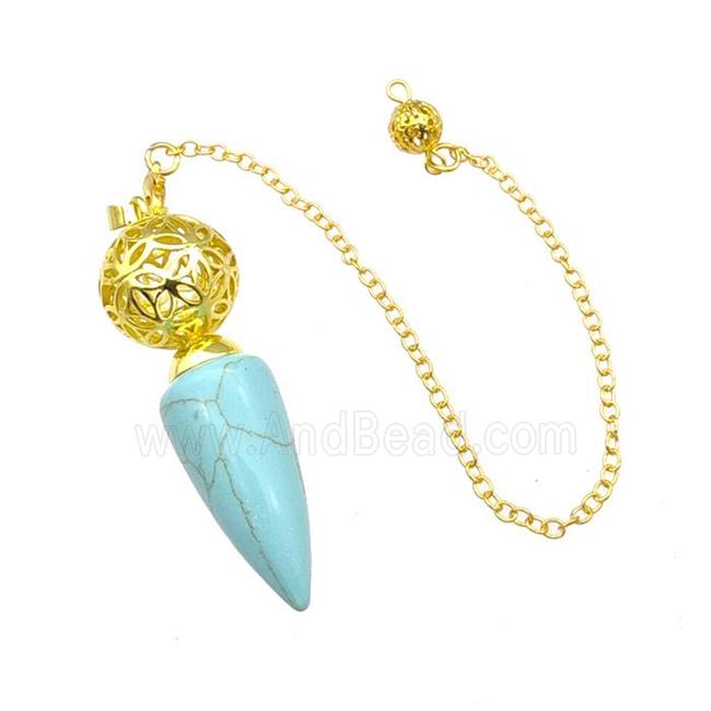 Synthetic Turquoise Dowsing Pendulum Pendant With Copper Hollow Ball Chain Gold Plated