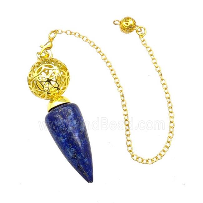 Natural Blue Lapis Lazuli Dowsing Pendulum Pendant With Copper Hollow Ball Chain Gold Plated