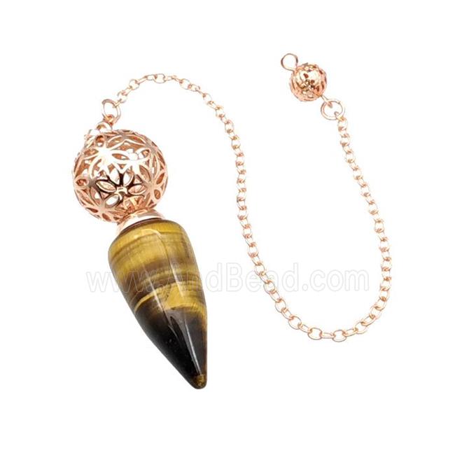 Natural Tiger Eye Stone Dowsing Pendulum Pendant With Copper Hollow Ball Chain Rose Gold
