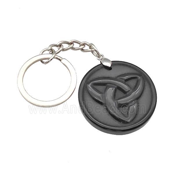 Black Obsidian Trinity Keychain Circle Alloy Platinum Plated
