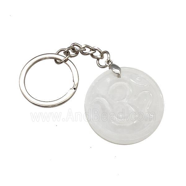Clear Quartz Hinduism Keychain OM Circle Alloy Platinum Plated