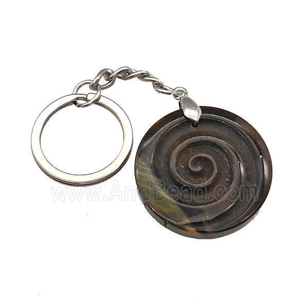 Tiger Eye Stone Spiral Keychain Circle Alloy Platinum Plated