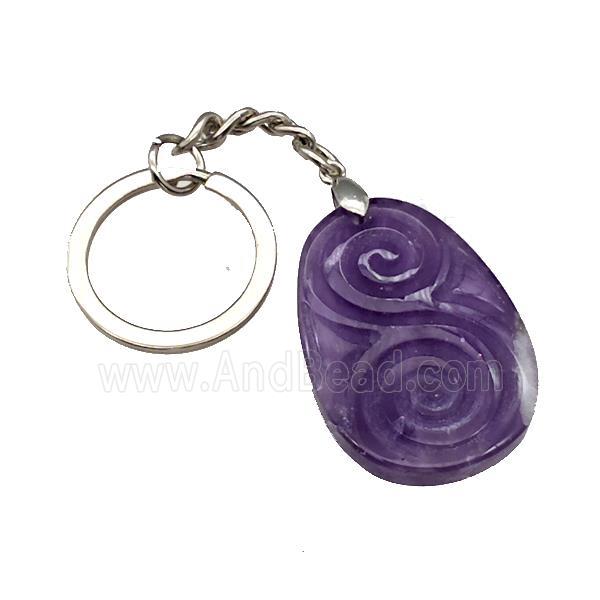 Purple Amethyst Spiral Keychain Flat Teardrop Alloy Platinum Plated