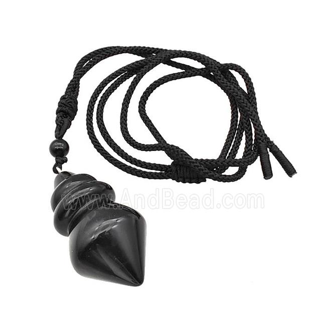 Black Obsidian Dowsing Pendulum Necklace Black Nylon Rope