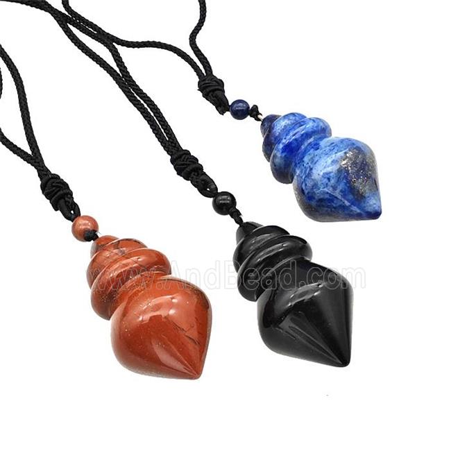 Natural Gemstone Dowsing Pendulum Necklace Black Nylon Rope Mixed